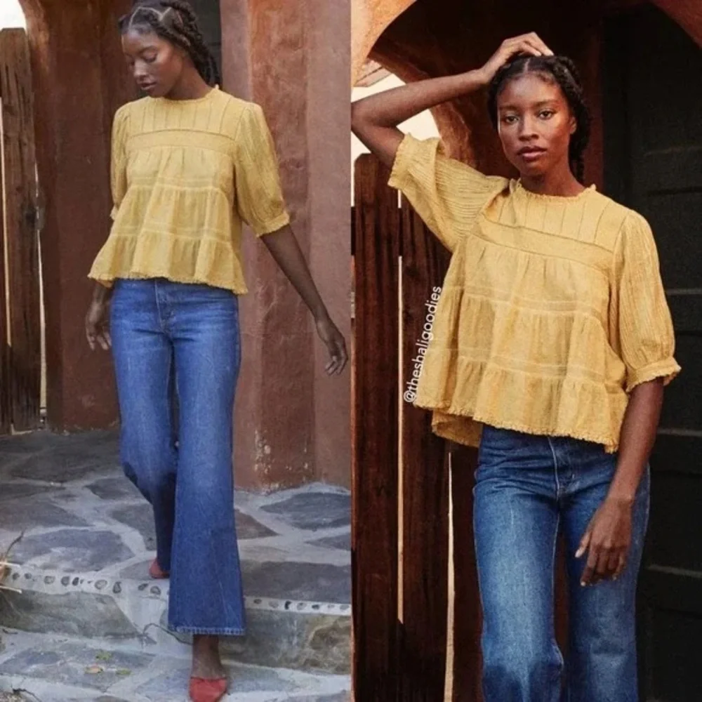 Doen Mustard Yellow Cotton Pintuck Peplum Blouse